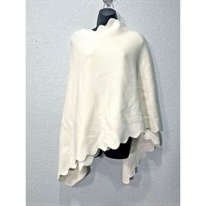 Lesley Evers Poncho Womens OS Ivory Cream Scalloped Ribbed Knit Cape Wrap